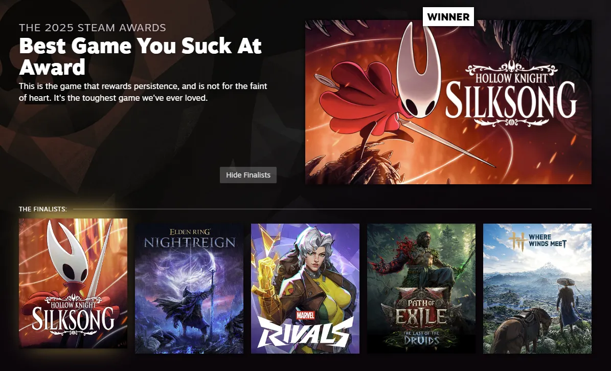 Silksong wins Best Game You Suck At in 2025 Steam Awards for new games 2026 coverage