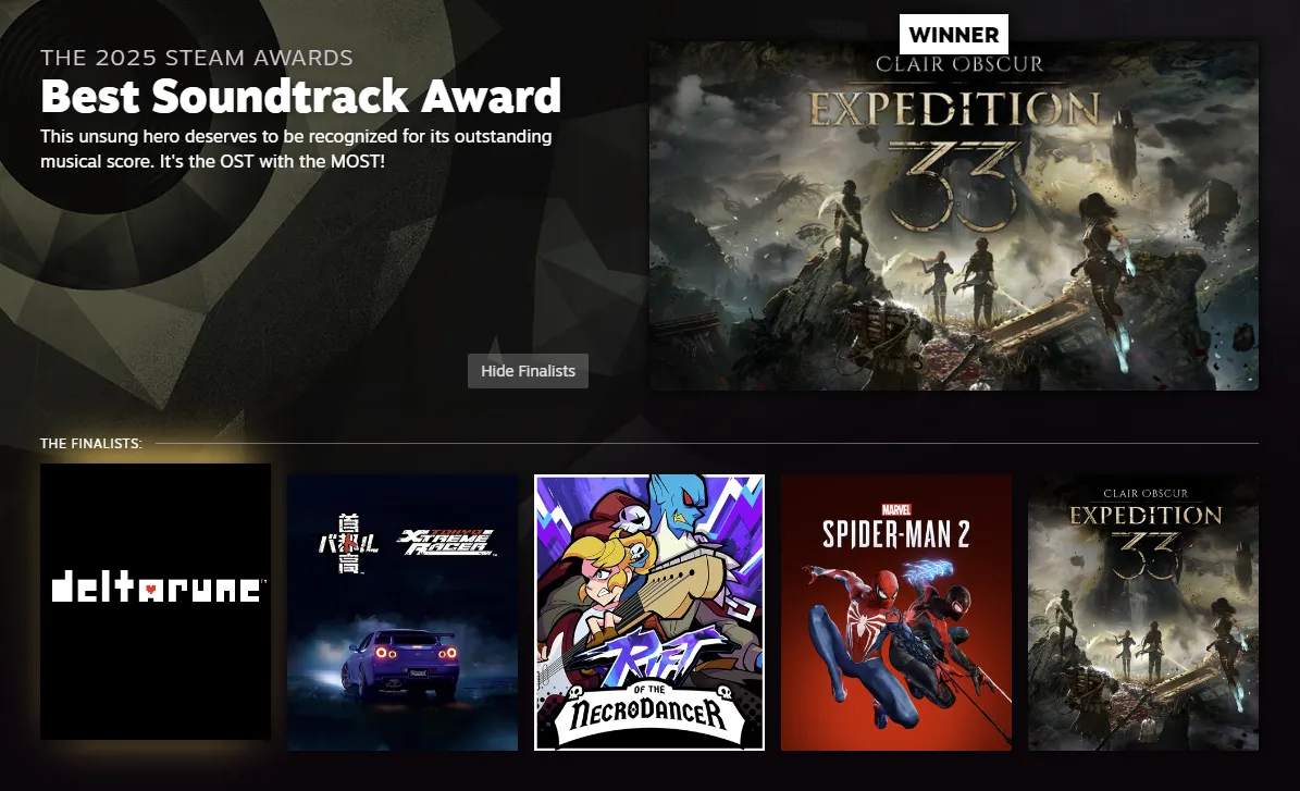 Clair Obscur Expedition 33 best soundtrack winner from new games 2026 Steam Awards