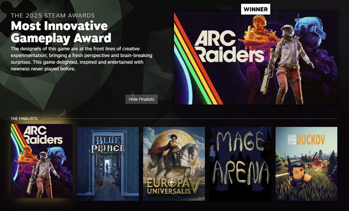 ARC Raiders innovative gameplay mechanics recognized in new games 2026 awards coverage