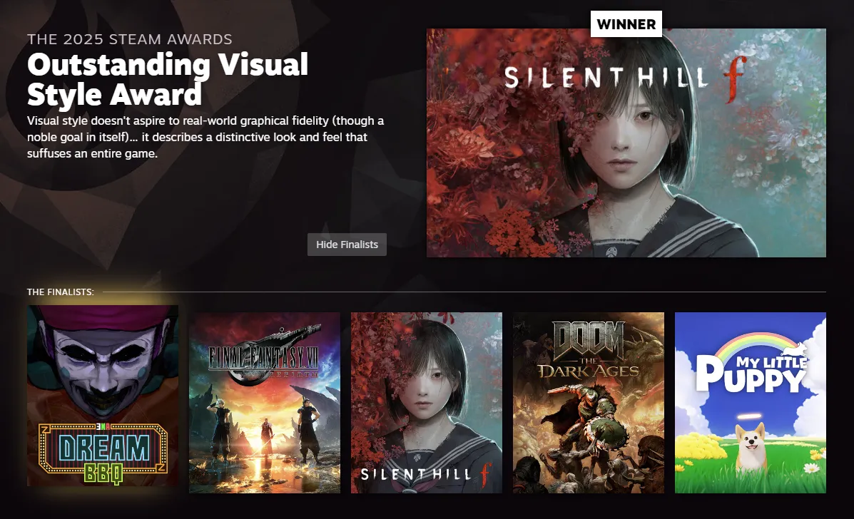 Silent Hill f distinctive visual style award winner in new games 2026 highlights