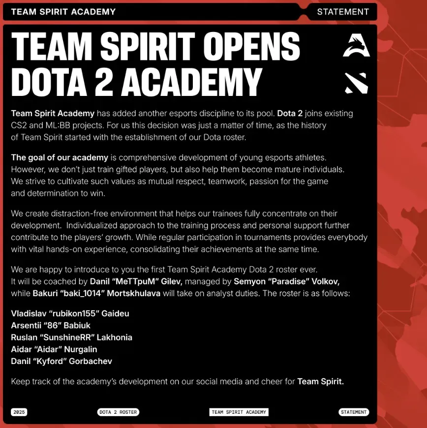 Team Spirit Academy announcement.webp